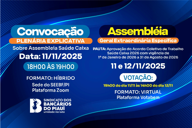 Plenária Informativa (11/11) e Assembleia Geral Específica sobre Saúde Caixa (11 e 12/11)